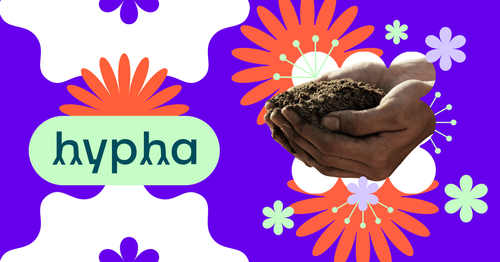 Hands cupping earth, set against a bright burst of flowers