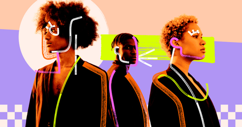 Three black people set against a purple and beige background.