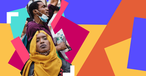 A collage of photographs of defiant Black people and bright colours